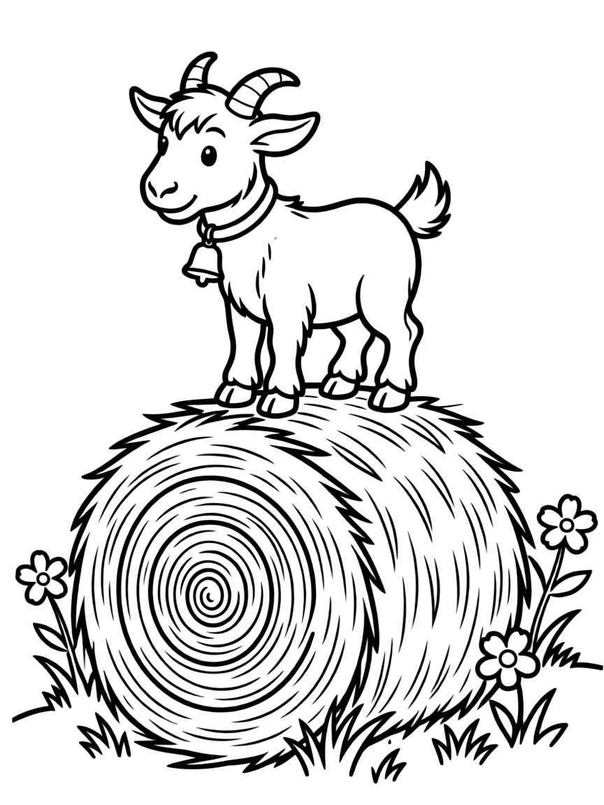 A goat standing on top of a haystack.