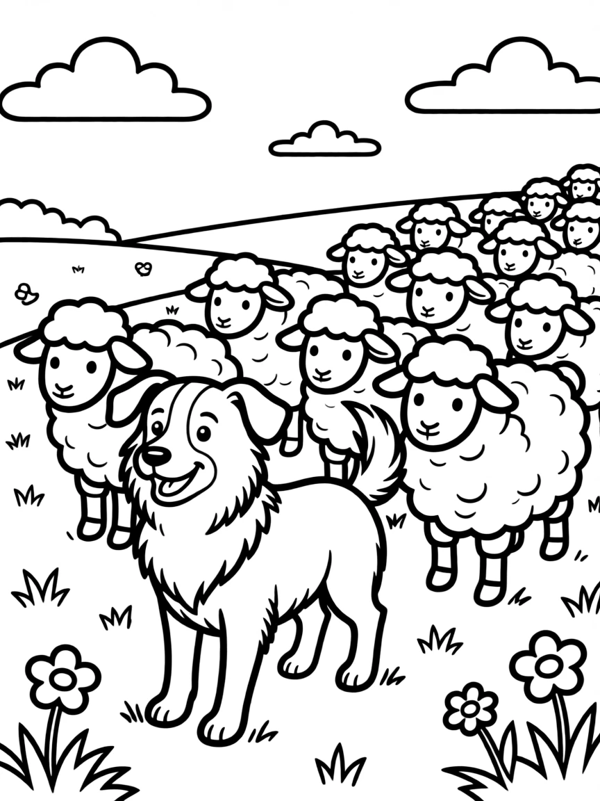 A sheepdog herding a flock of sheep in a meadow.