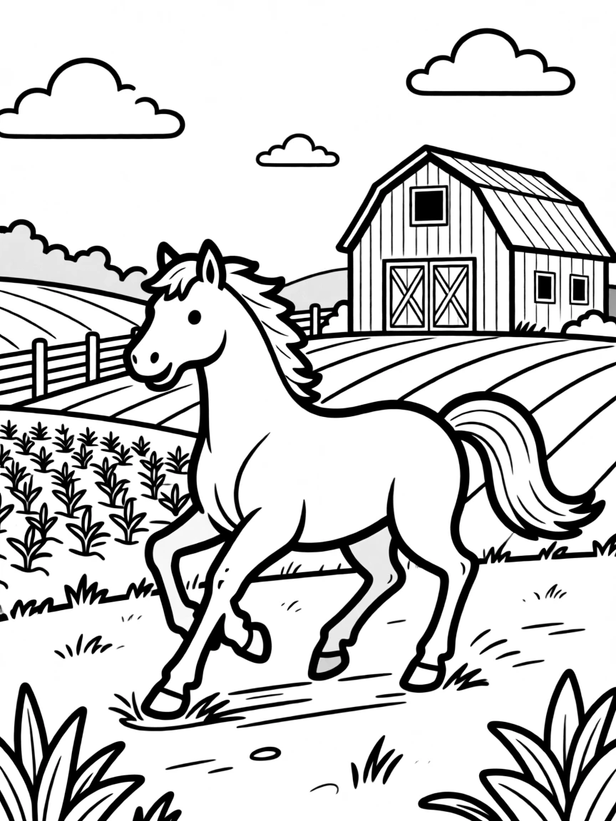 A horse galloping across a farm landscape.