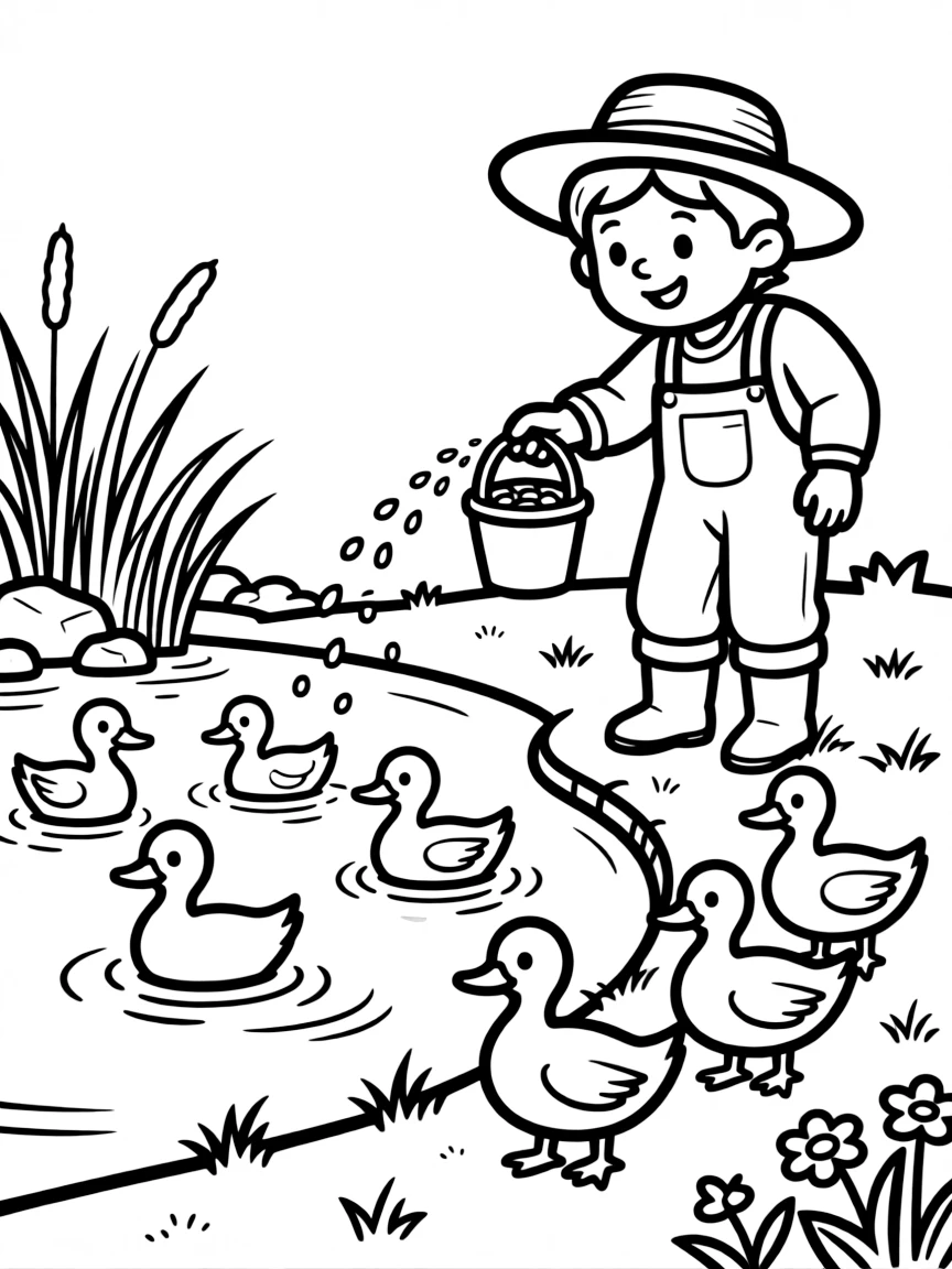 A farmer feeding a group of ducks by a pond.