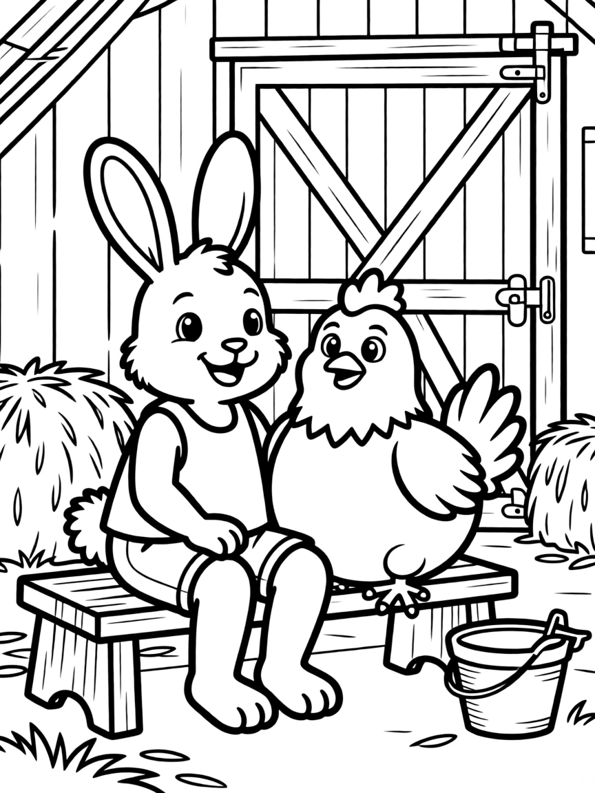 A rabbit and a chicken sitting together in a barn.