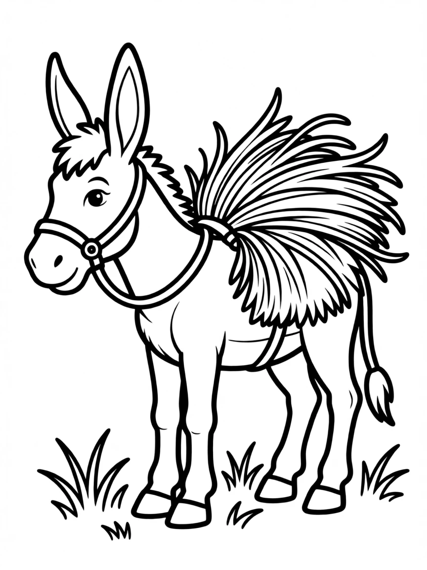 A donkey carrying a small load of hay on its back.