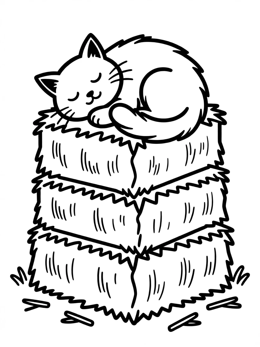 A cat sleeping on top of a stack of hay bales.