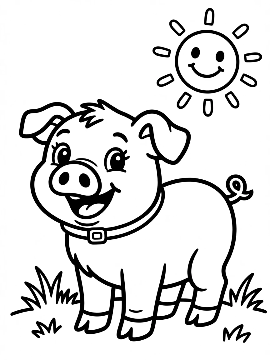 A piglet with a big happy grin, standing in the sun.