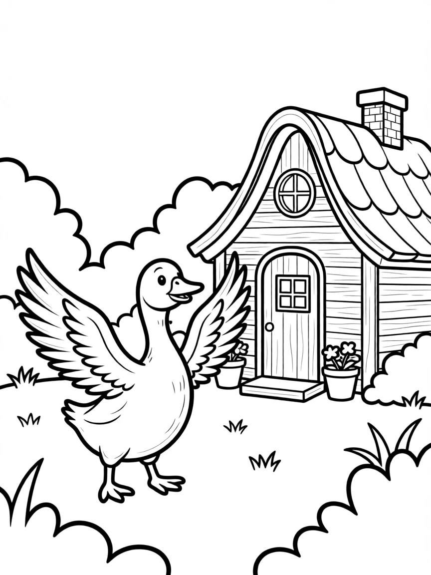 A goose flapping its wings near a small cottage.