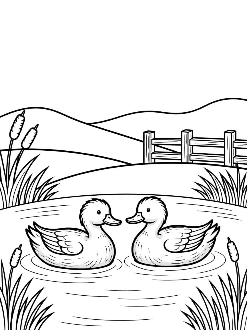A pair of ducks swimming peacefully in a farm pond.