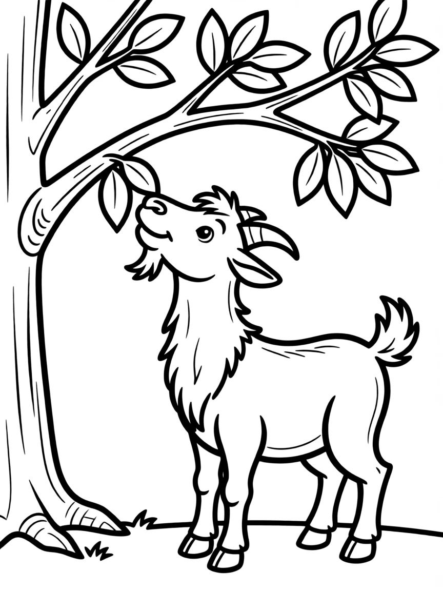 A goat eating leaves from a low-hanging tree branch.