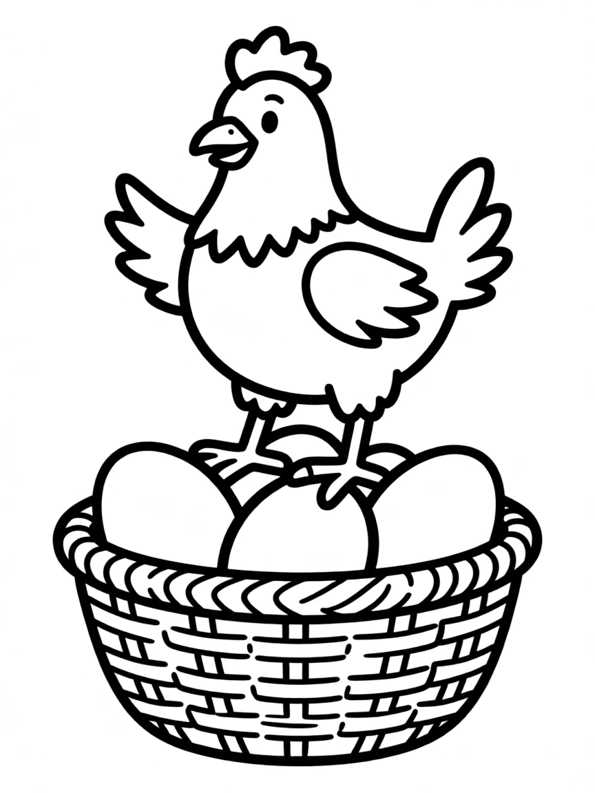 A chicken standing on top of a basket full of eggs.