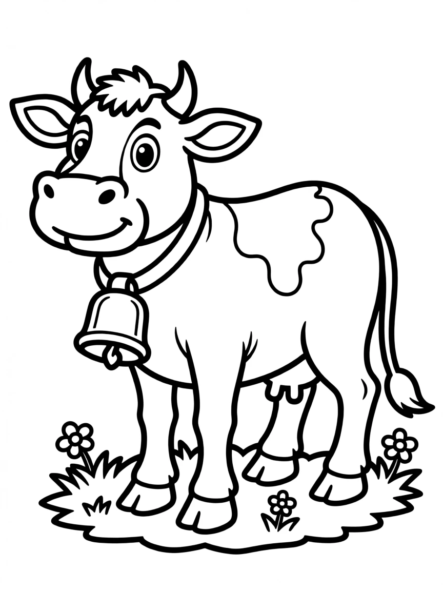 A cowbell hanging from the neck of a happy cow.