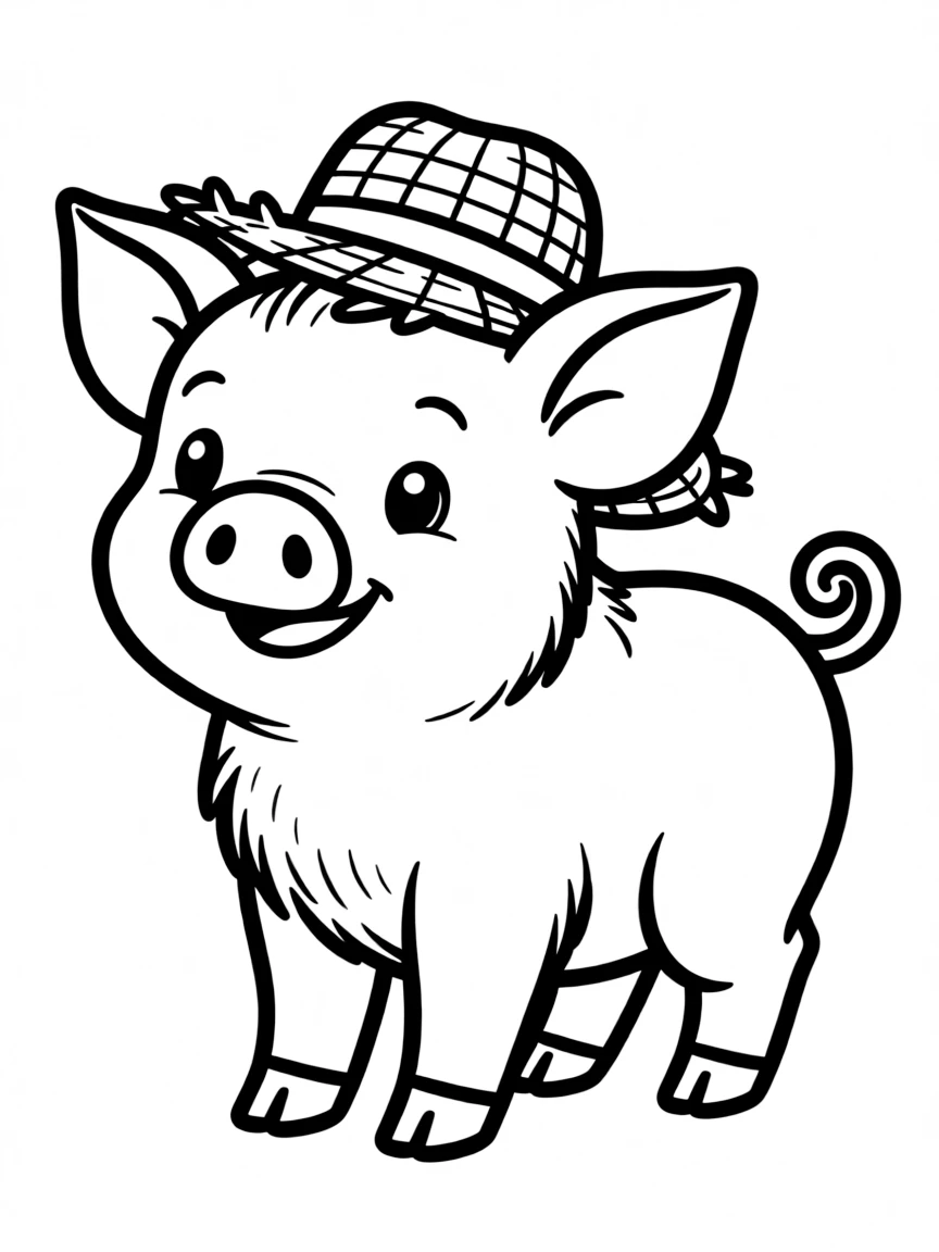 A pig wearing a tiny straw hat.