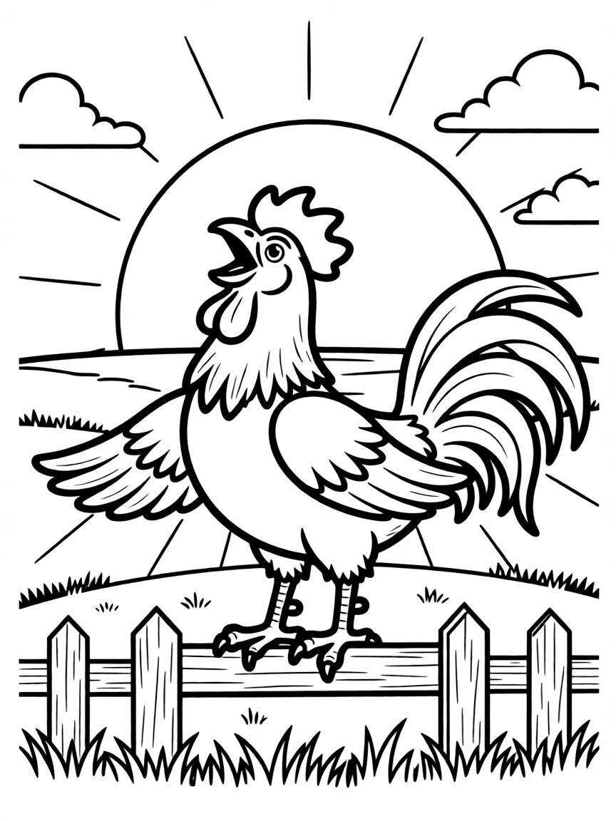 A rooster crowing loudly as the sun rises.