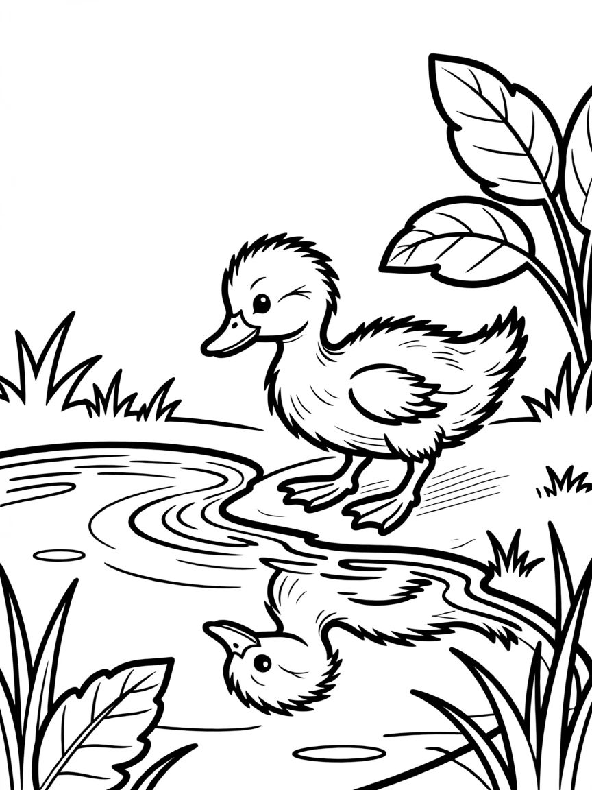 A duckling waddling beside a pond, looking at its reflection.