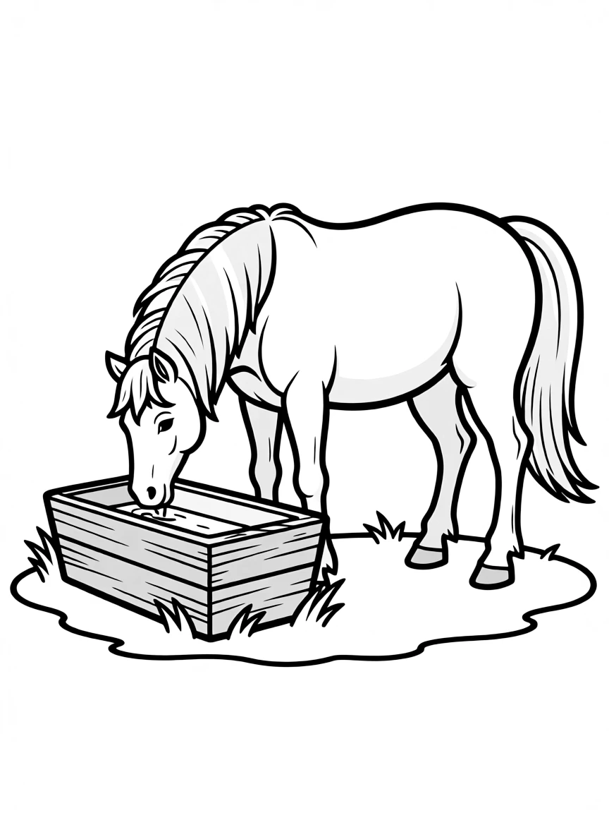 A horse drinking water from a wooden trough.