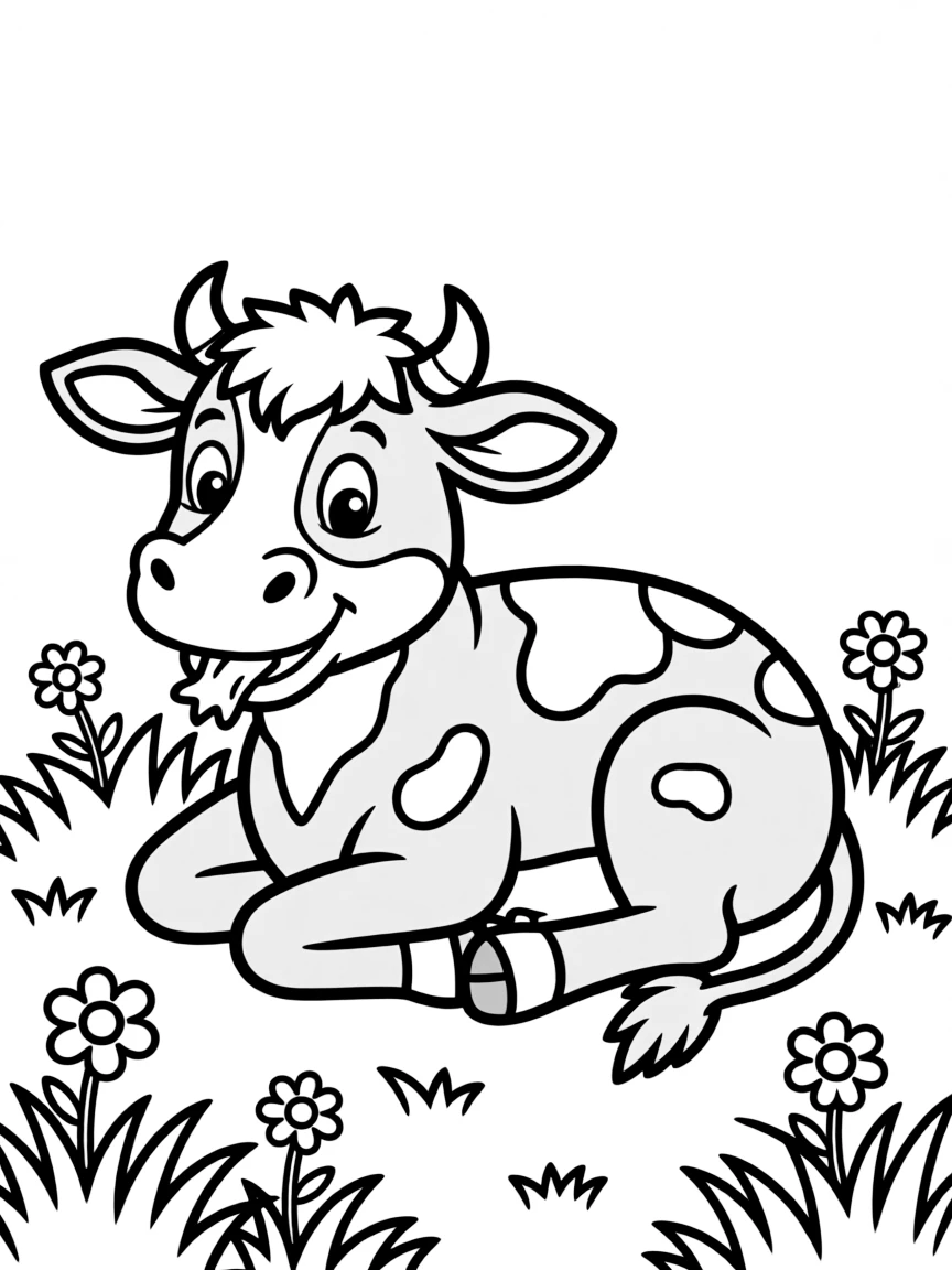 A cow lying down in a grassy field, chewing cud.