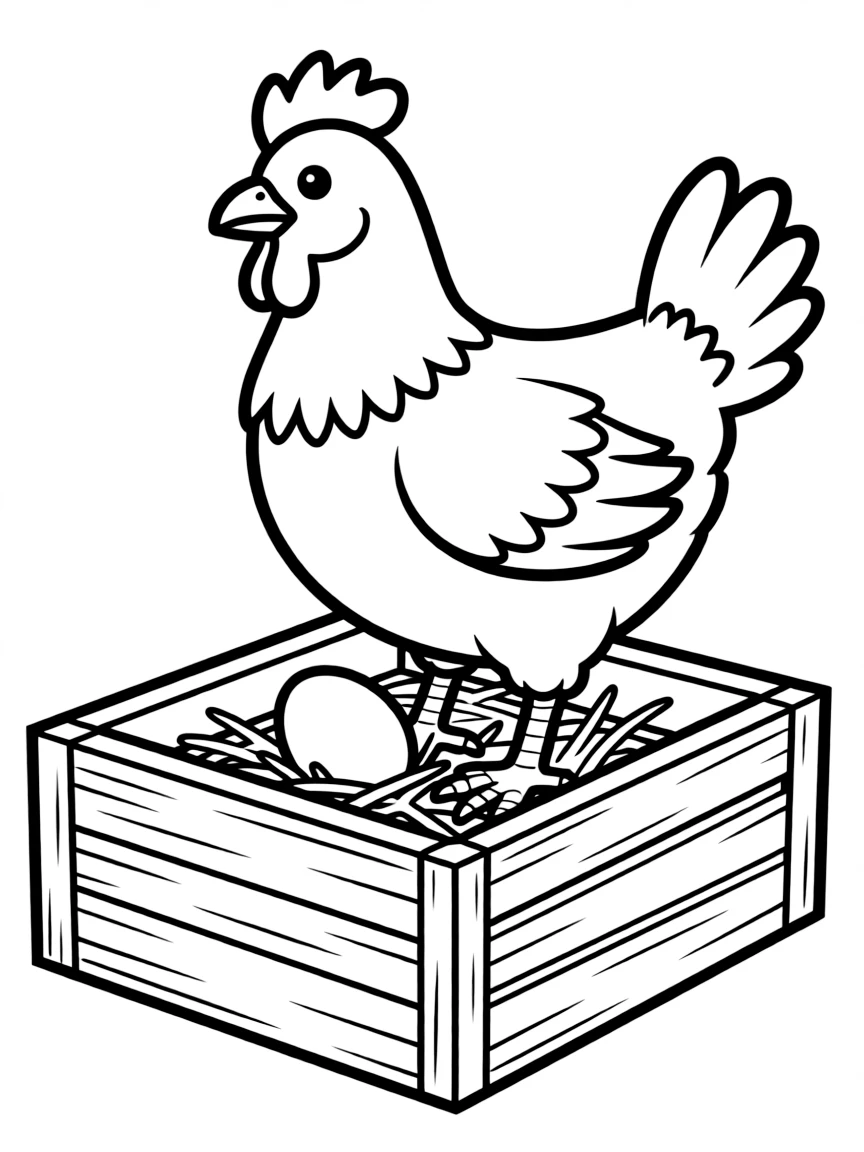 A chicken standing in a nesting box with a fresh egg beneath it.