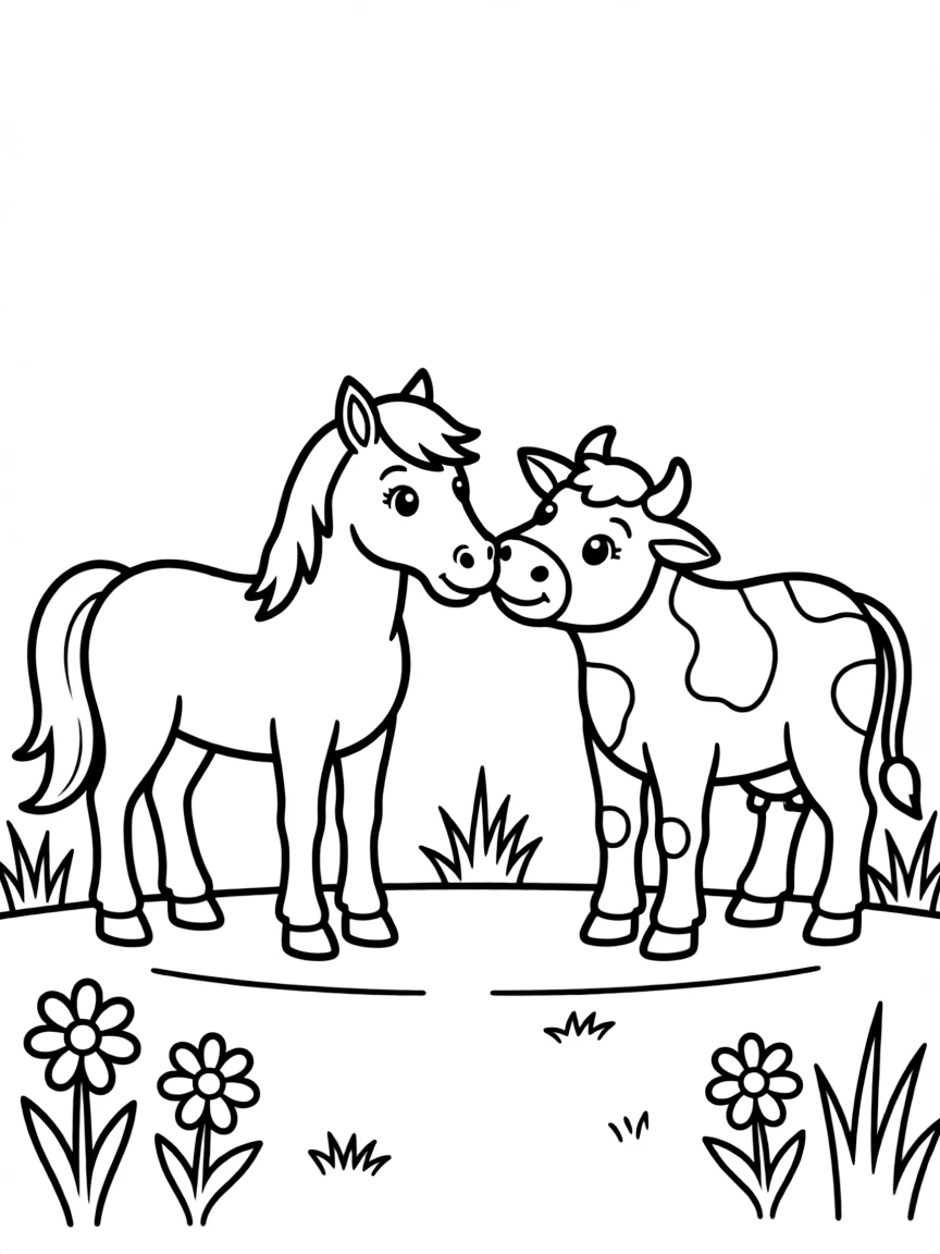 A horse and a cow touching noses in a friendly greeting.