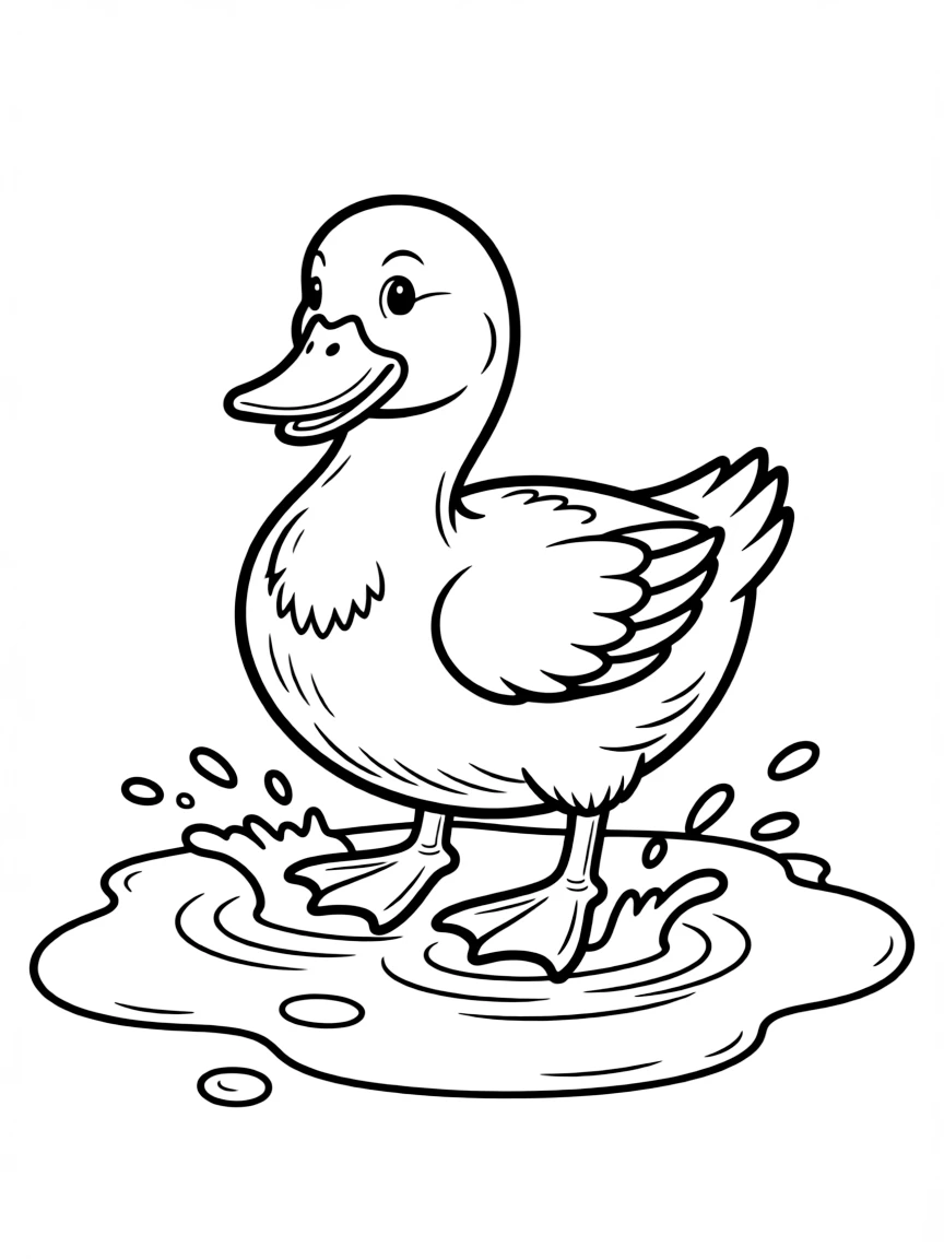 A duck standing in a puddle, splashing with its webbed feet.