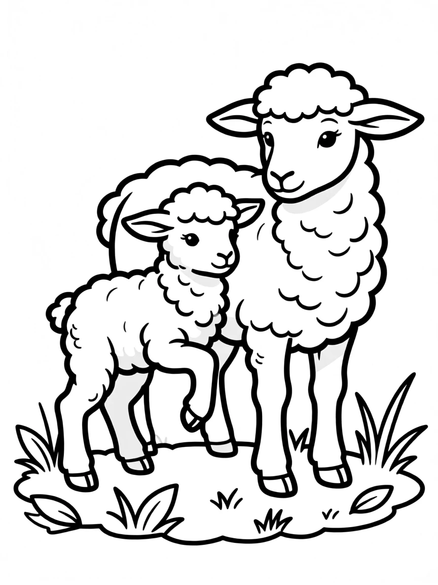 A baby lamb standing on wobbly legs near its mother.