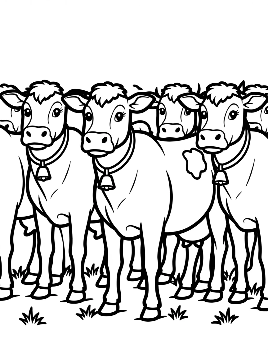 A group of cows standing in a line, looking at the viewer.