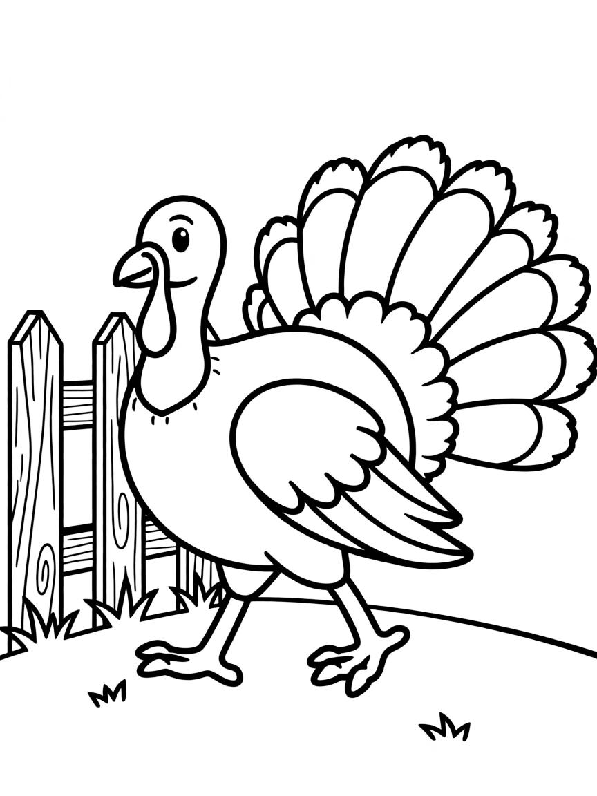 A turkey walking near a wooden fence, its feathers fluffed out.