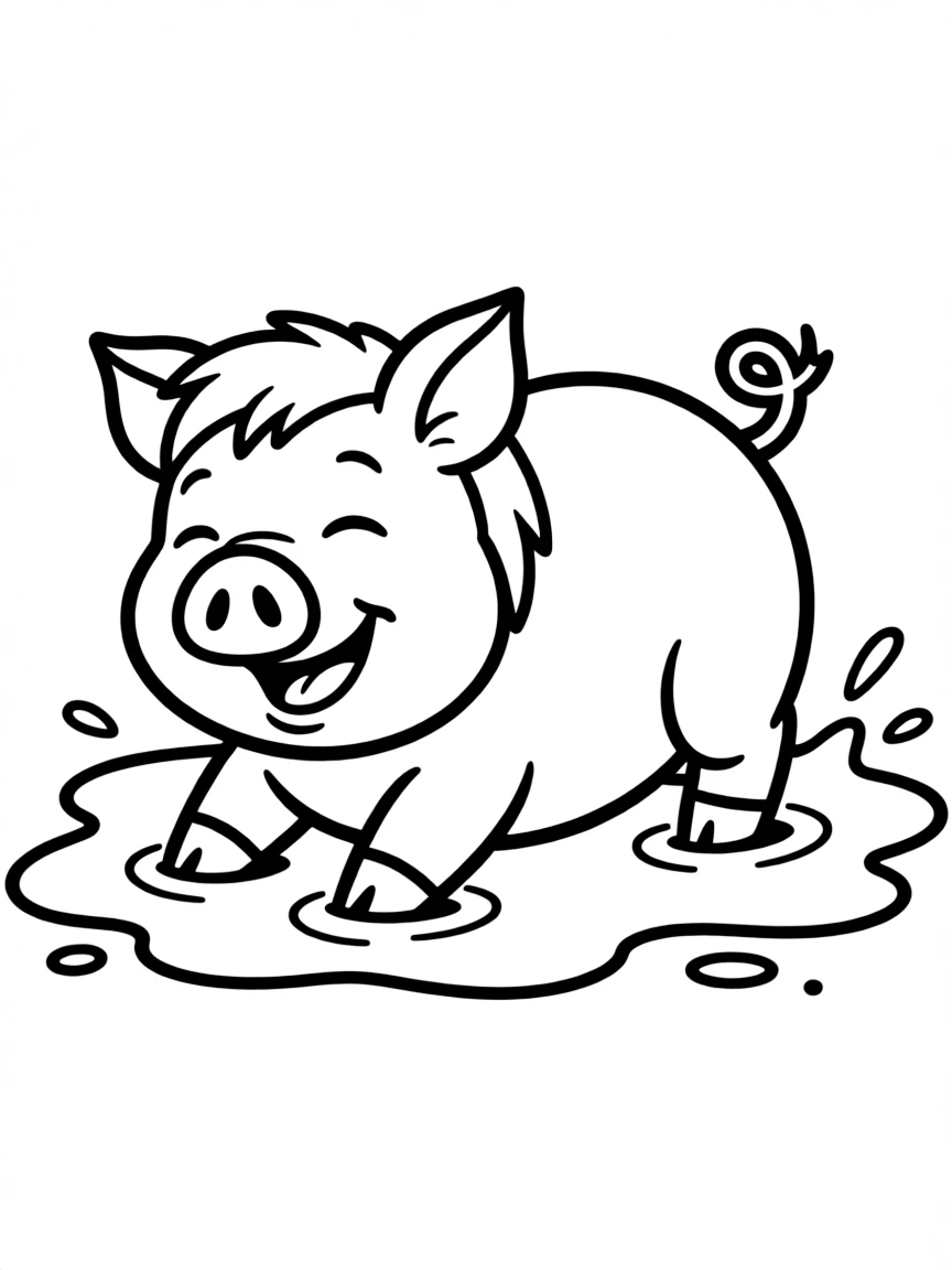 A pig rolling over in the mud with a happy expression.