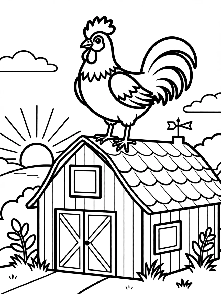 A rooster perched on a barn rooftop at dawn.