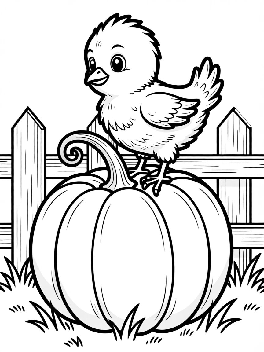 A baby chick standing on top of a pumpkin in a barnyard.
