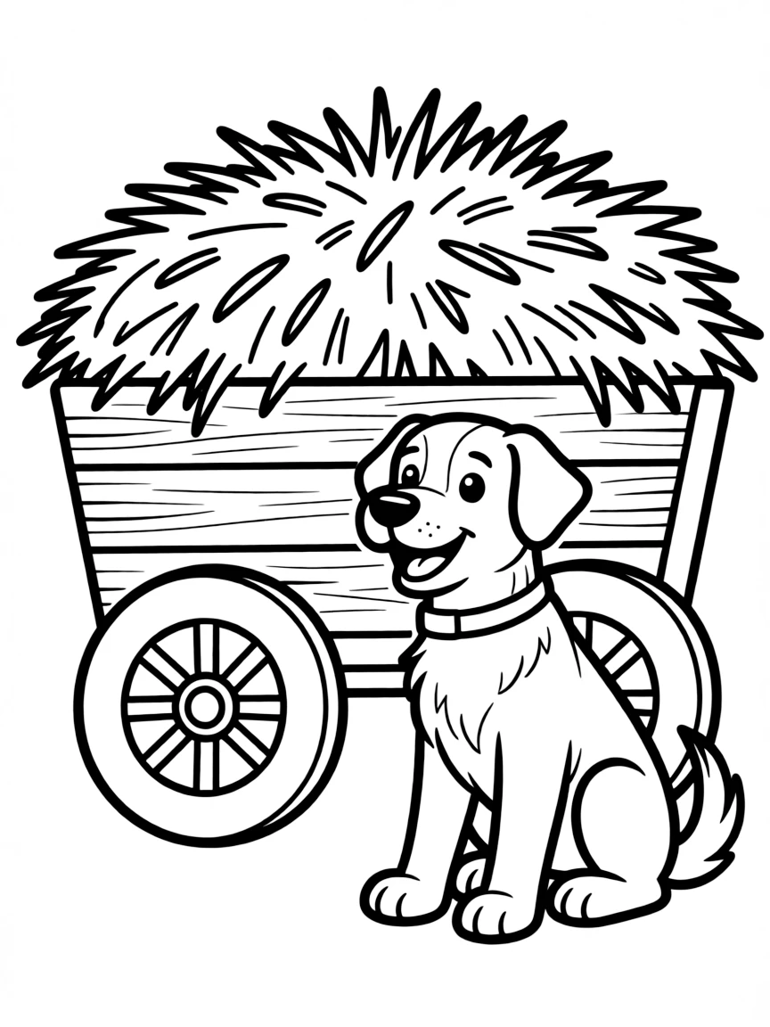 A farmer's dog sitting beside a wooden wagon full of hay.