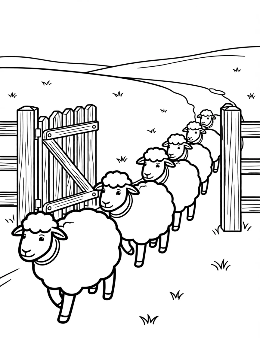 A group of sheep walking through a wooden gate into a pasture.
