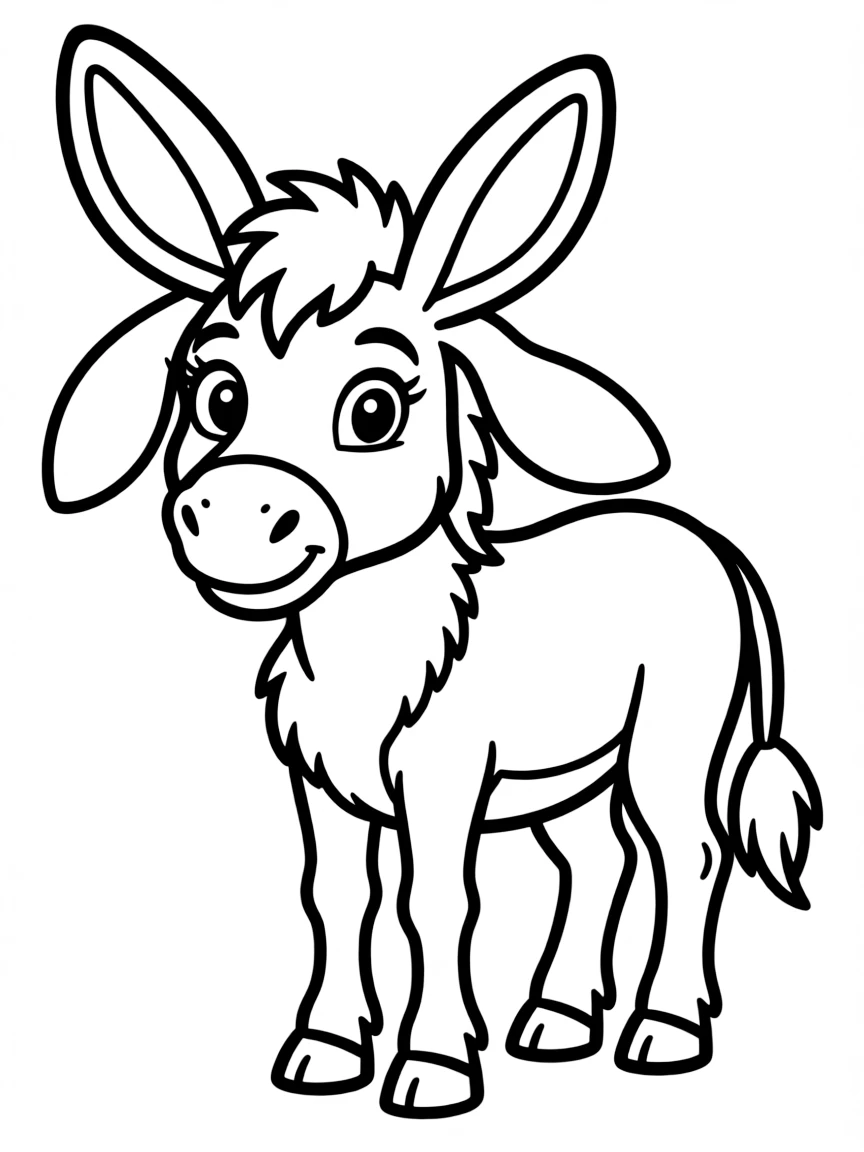 A donkey with big, floppy ears looking curiously at the viewer.