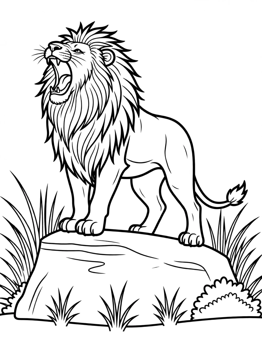 A lion roaring on top of a rock in the savannah.