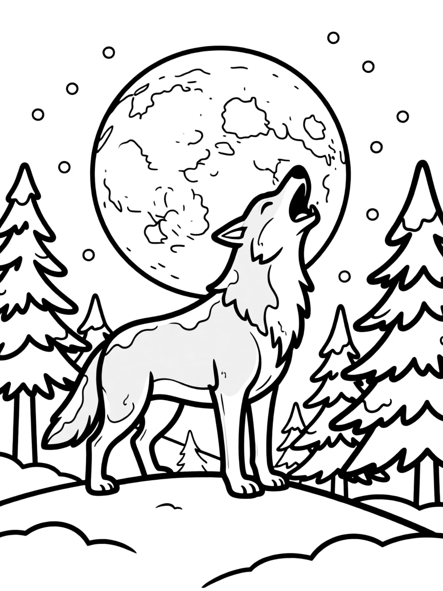 A wolf howling at the full moon in a snowy forest.