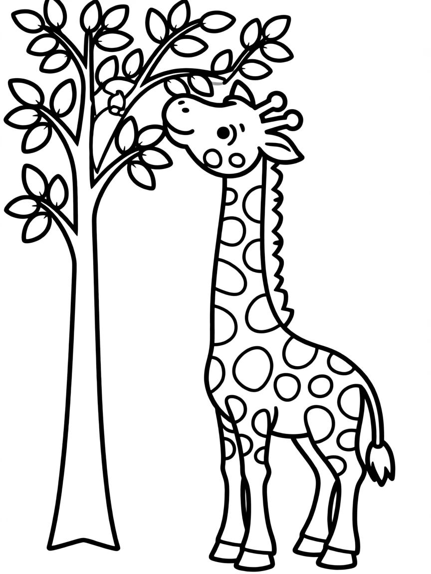 A giraffe stretching its long neck to eat leaves from a tall tree.