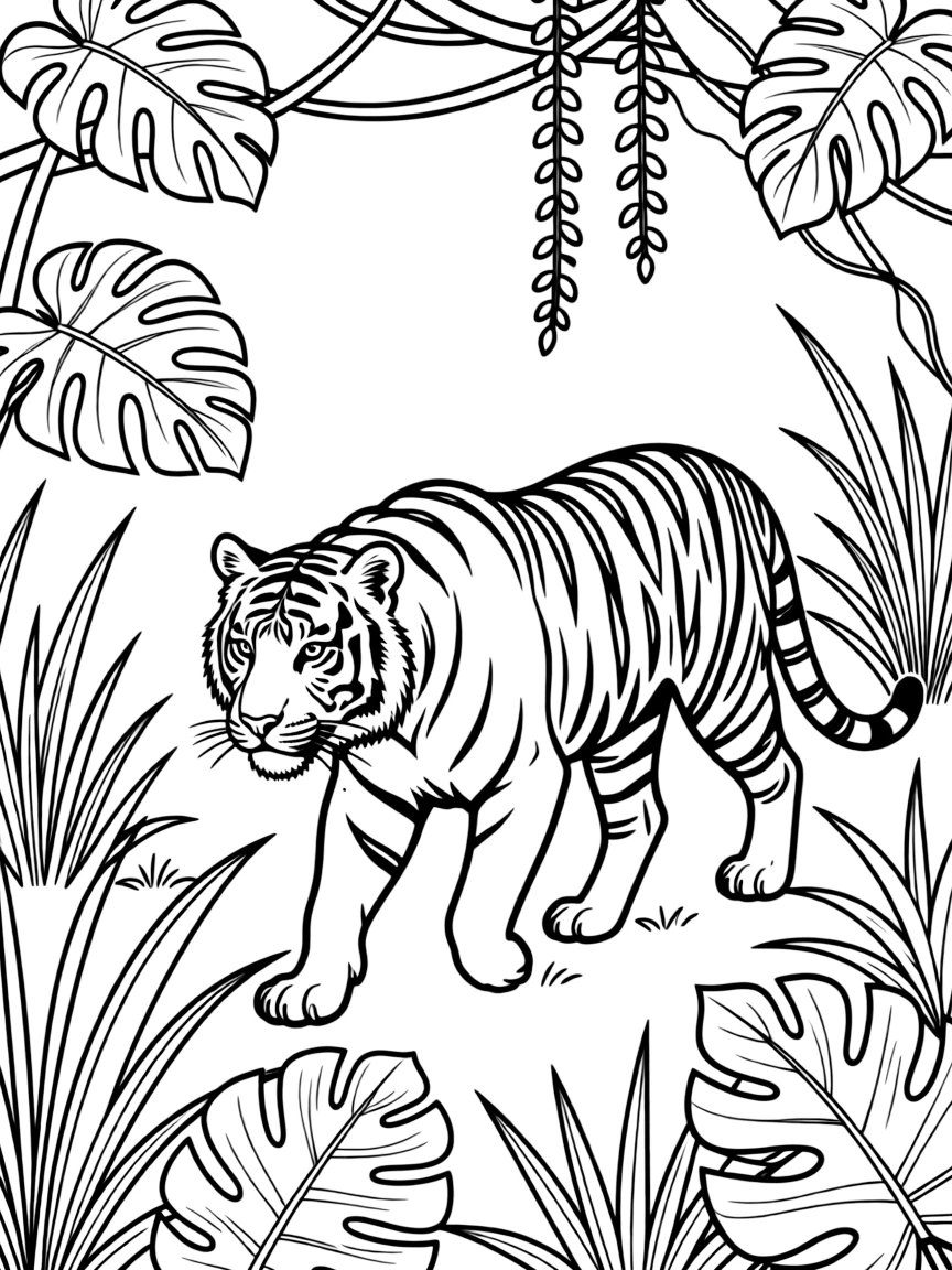 A tiger prowling through dense jungle foliage.