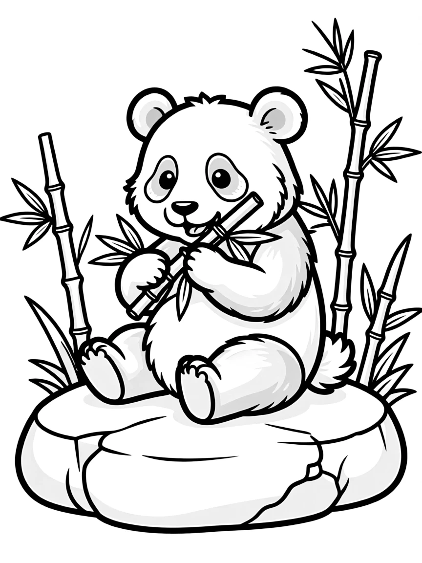 A panda munching on bamboo while sitting on a rock.