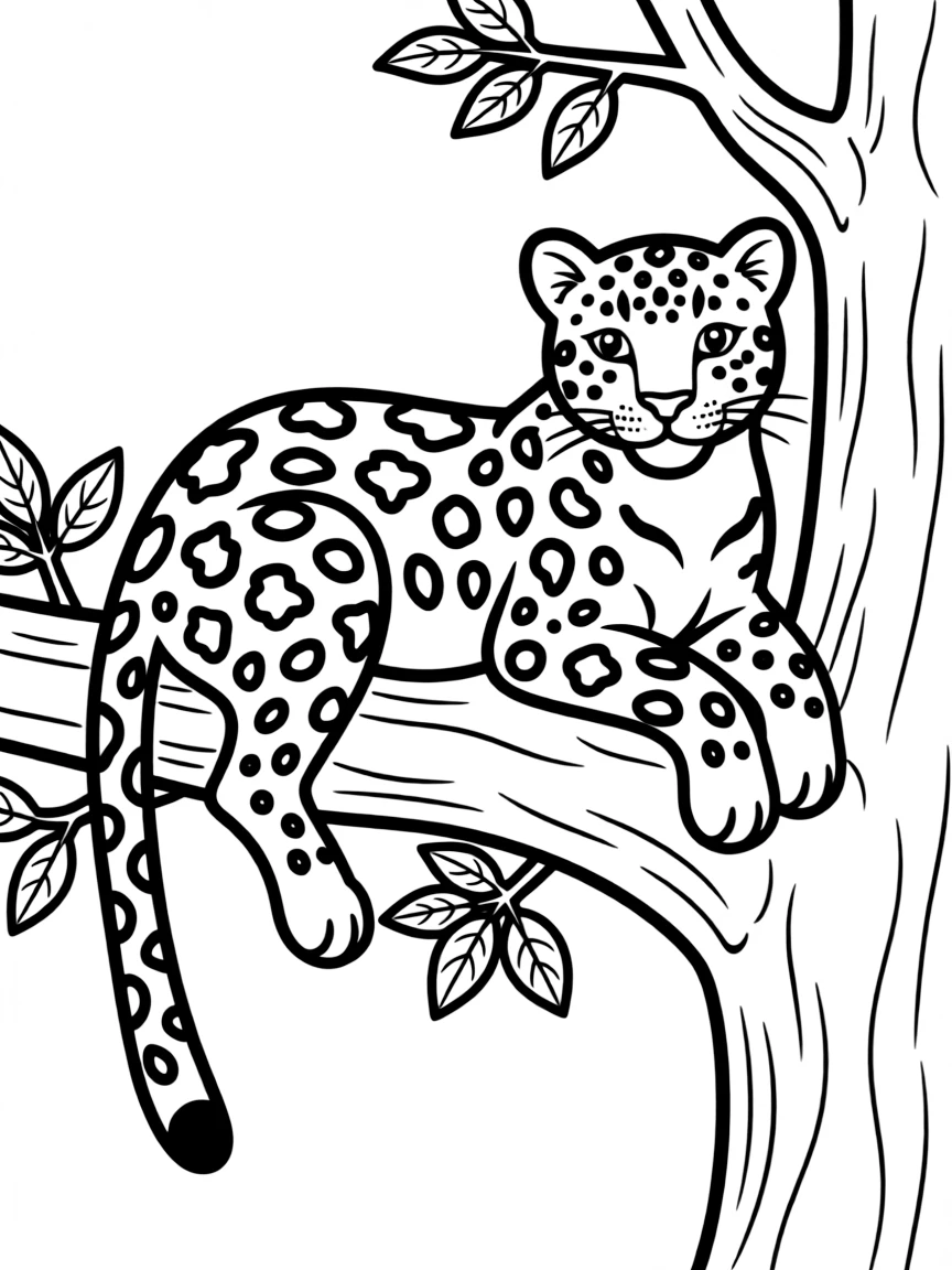 A leopard resting on a tree branch, observing the surroundings.