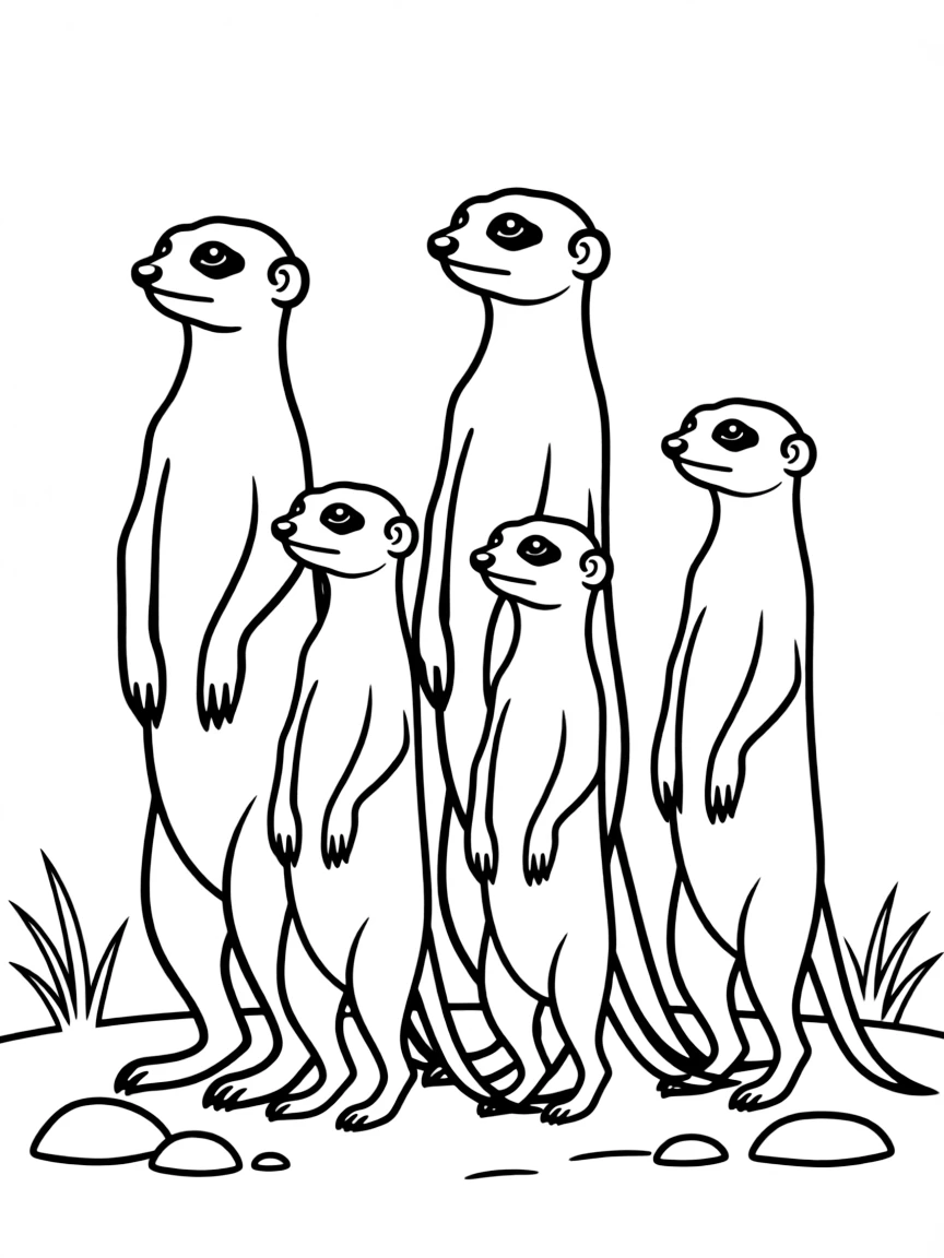 A family of meerkats standing upright, looking out for danger.