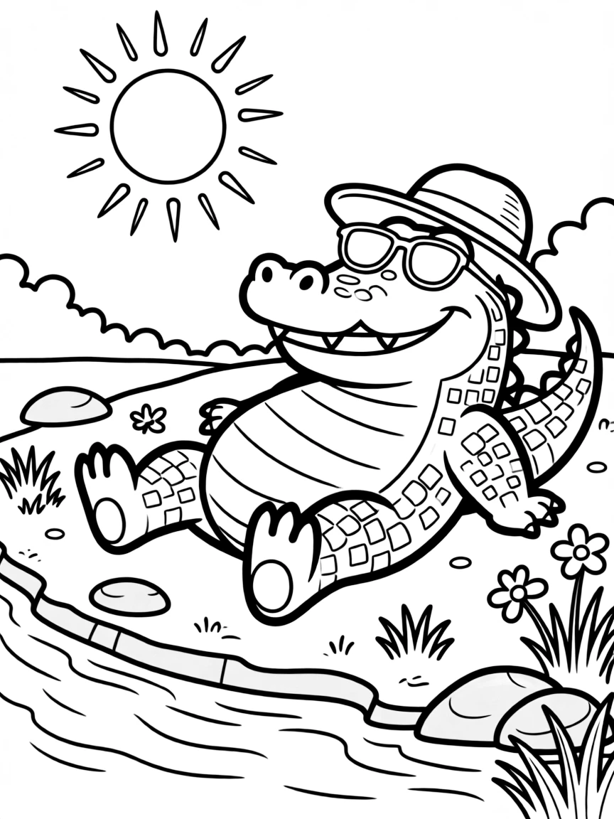 A crocodile sunbathing on a riverbank.