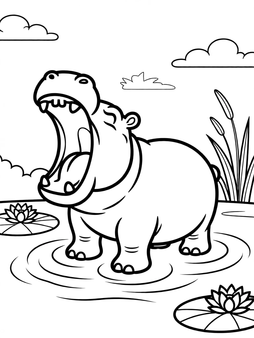 A hippo yawning widely in the middle of a lake.