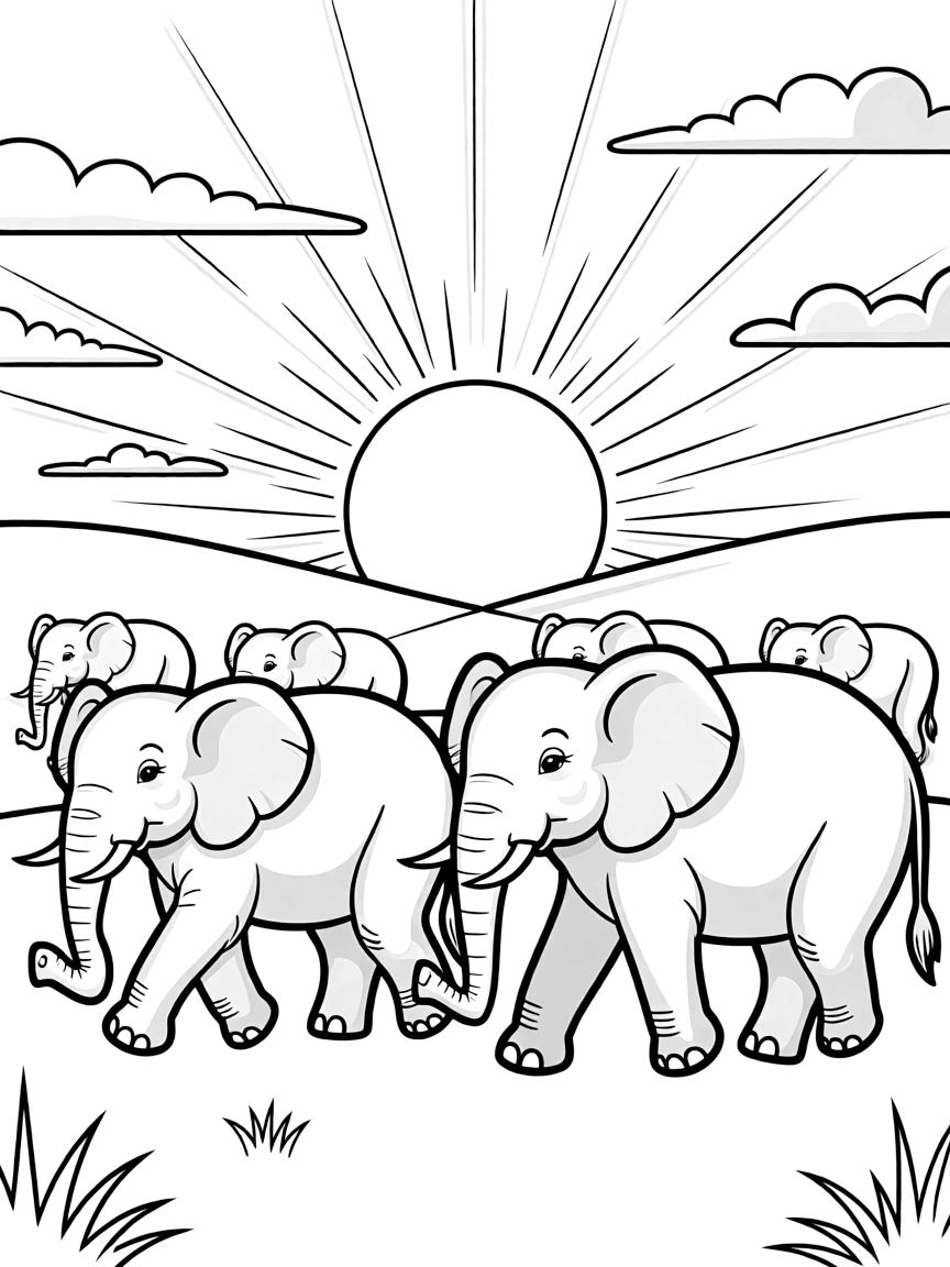A herd of elephants walking in a line at sunset.