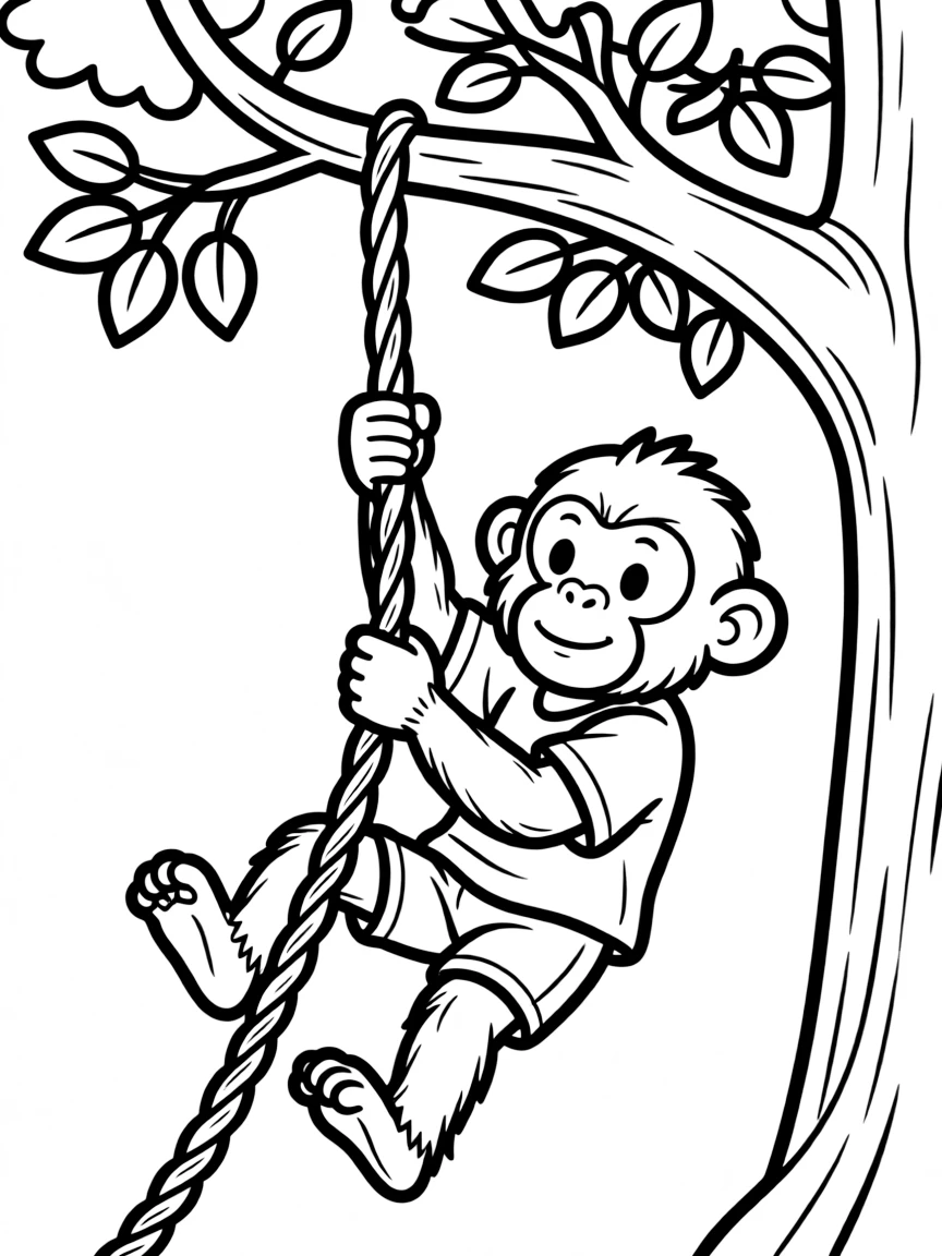 A chimpanzee swinging from a tree vine.