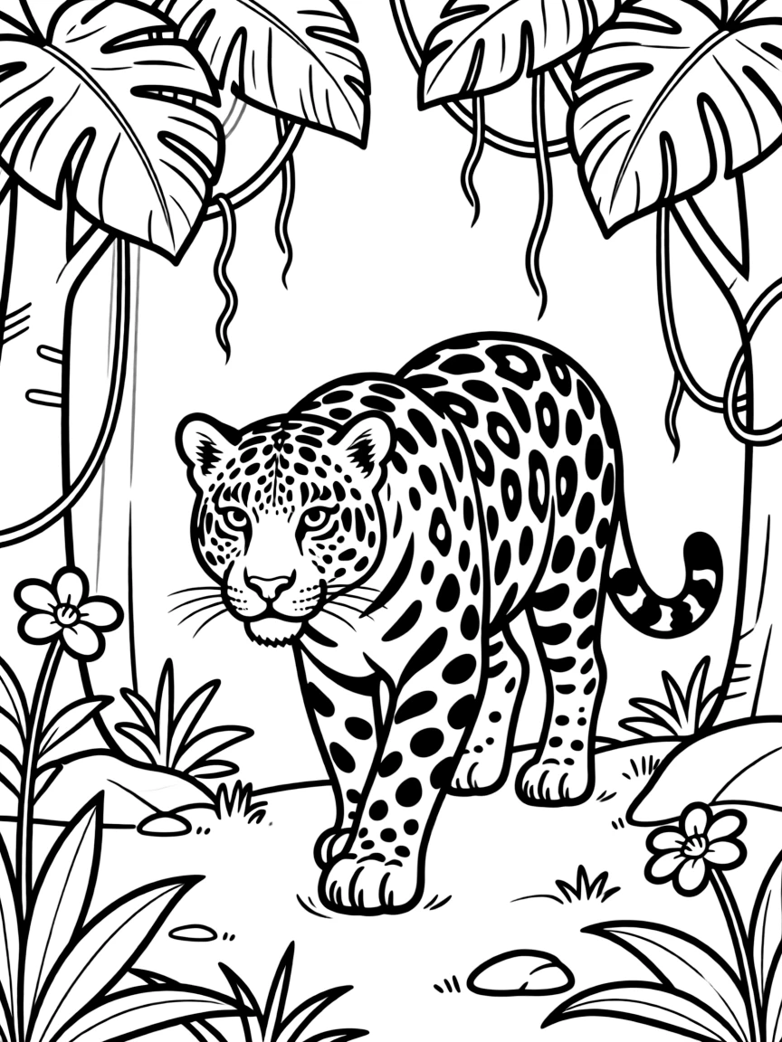 A jaguar emerging from the shadows in a rainforest.