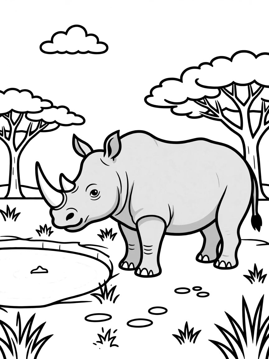 A rhino standing near a waterhole in the savannah.