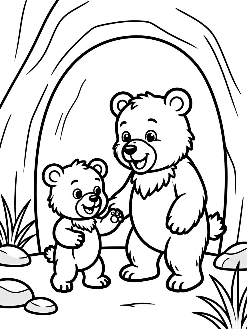 A bear cub playing with its mother near a cave.