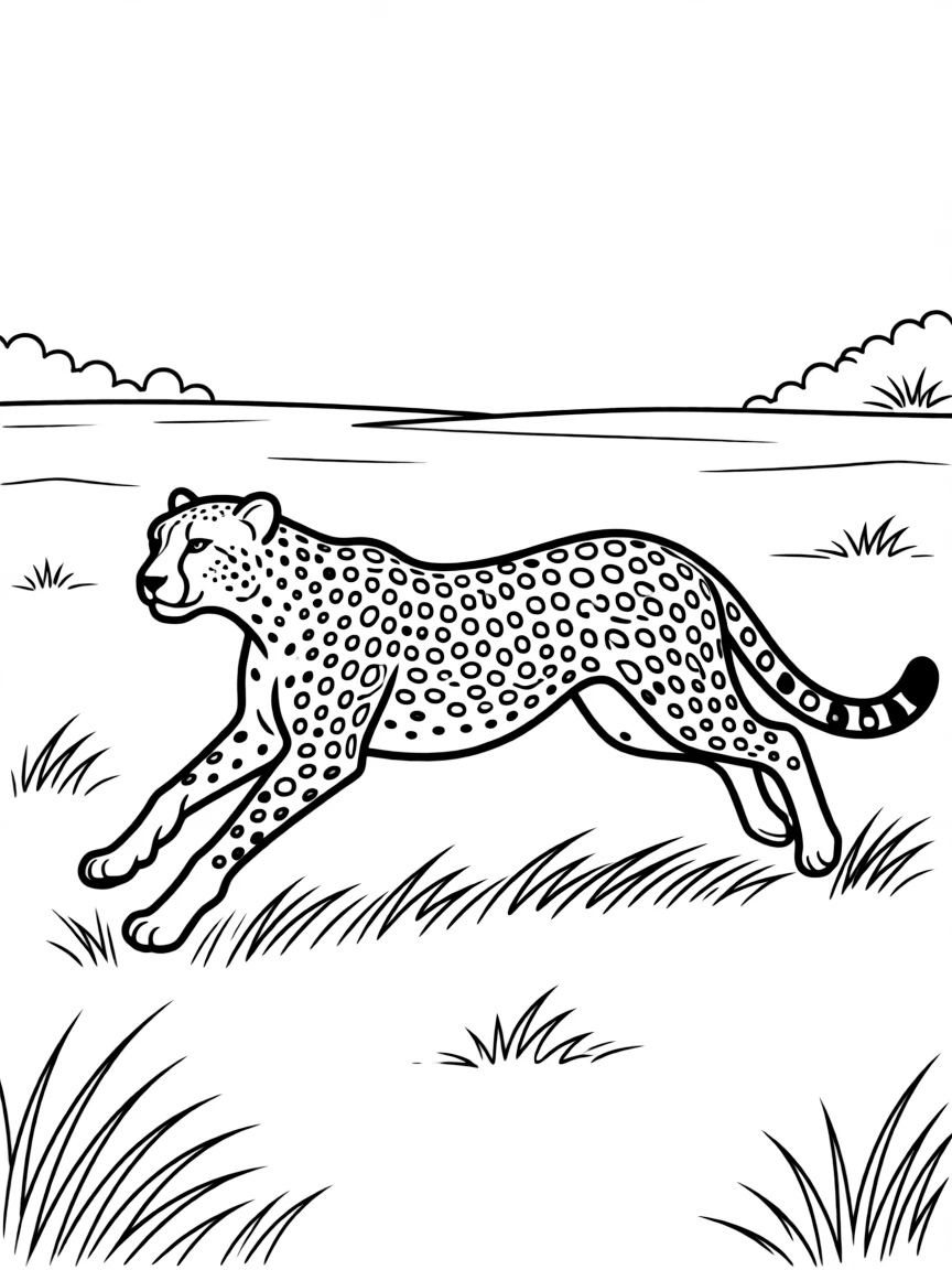A cheetah running at full speed across an open plain.