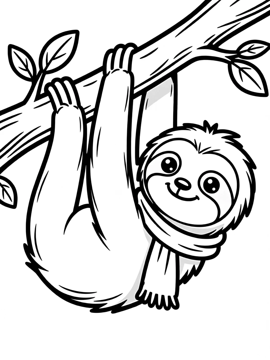 A sloth hanging upside down from a tree branch.