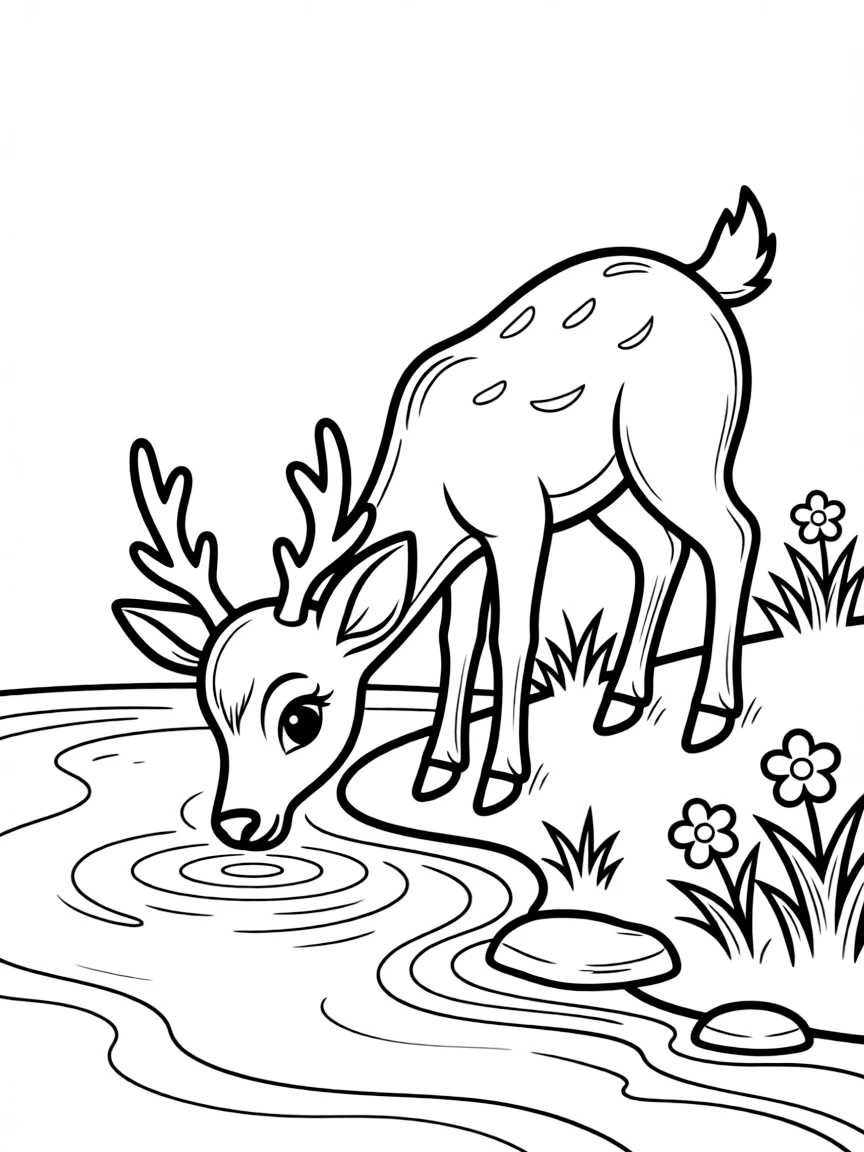 A deer drinking water from a calm river.