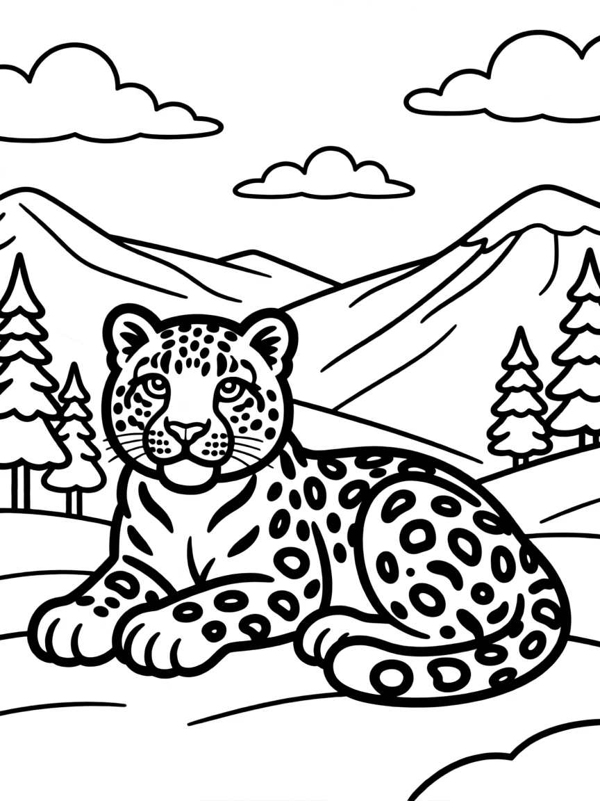 A snow leopard camouflaged in a snowy mountain landscape.