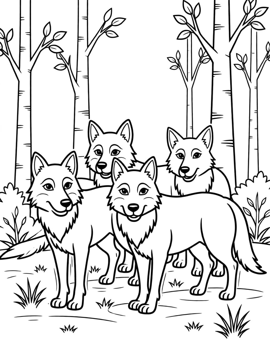 A wolf pack standing together in the woods.