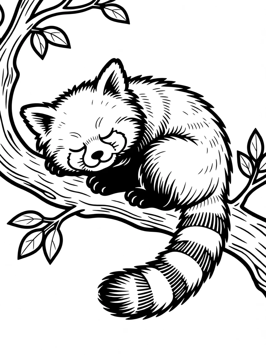 A red panda curled up on a tree branch.